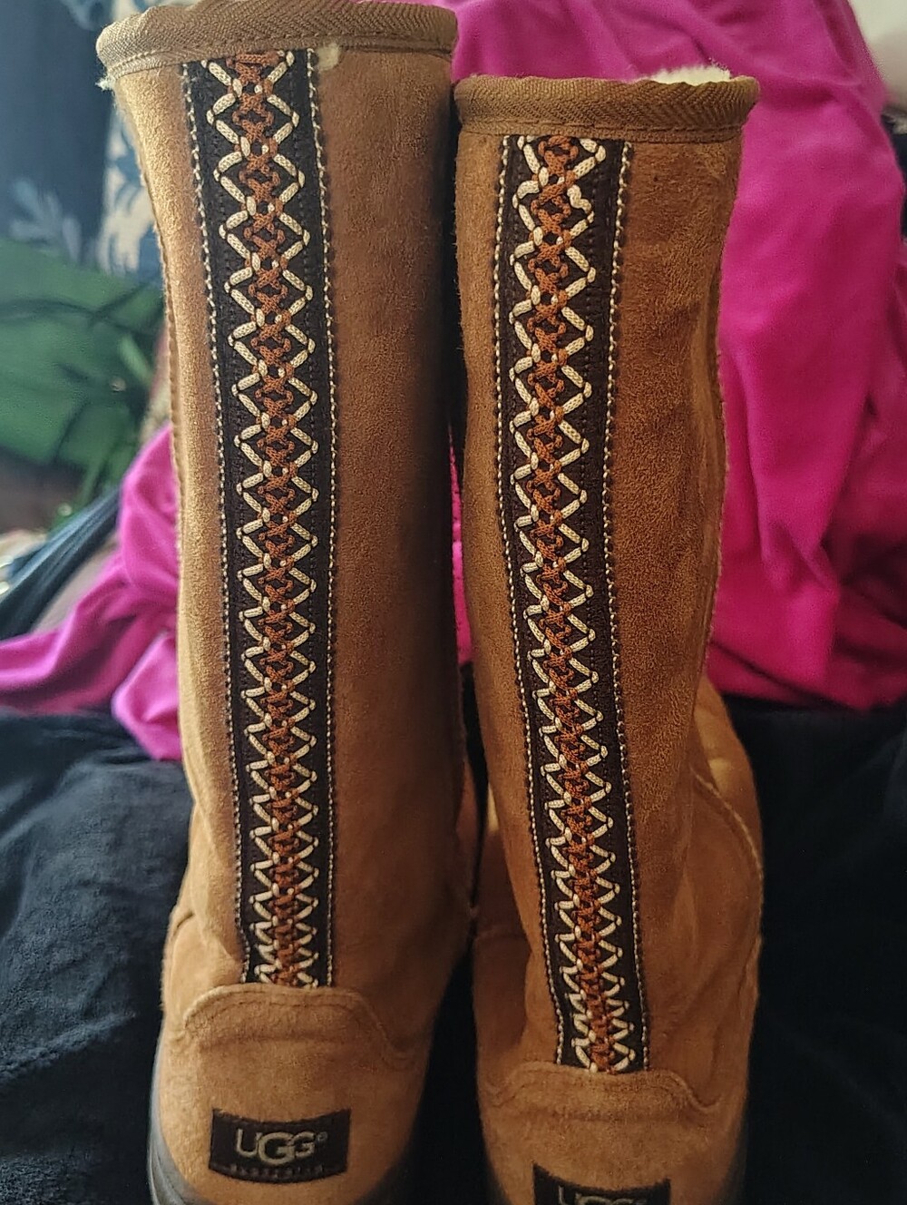 UGG Chestnut Suede Tall Boots with Embroidered Back Trim